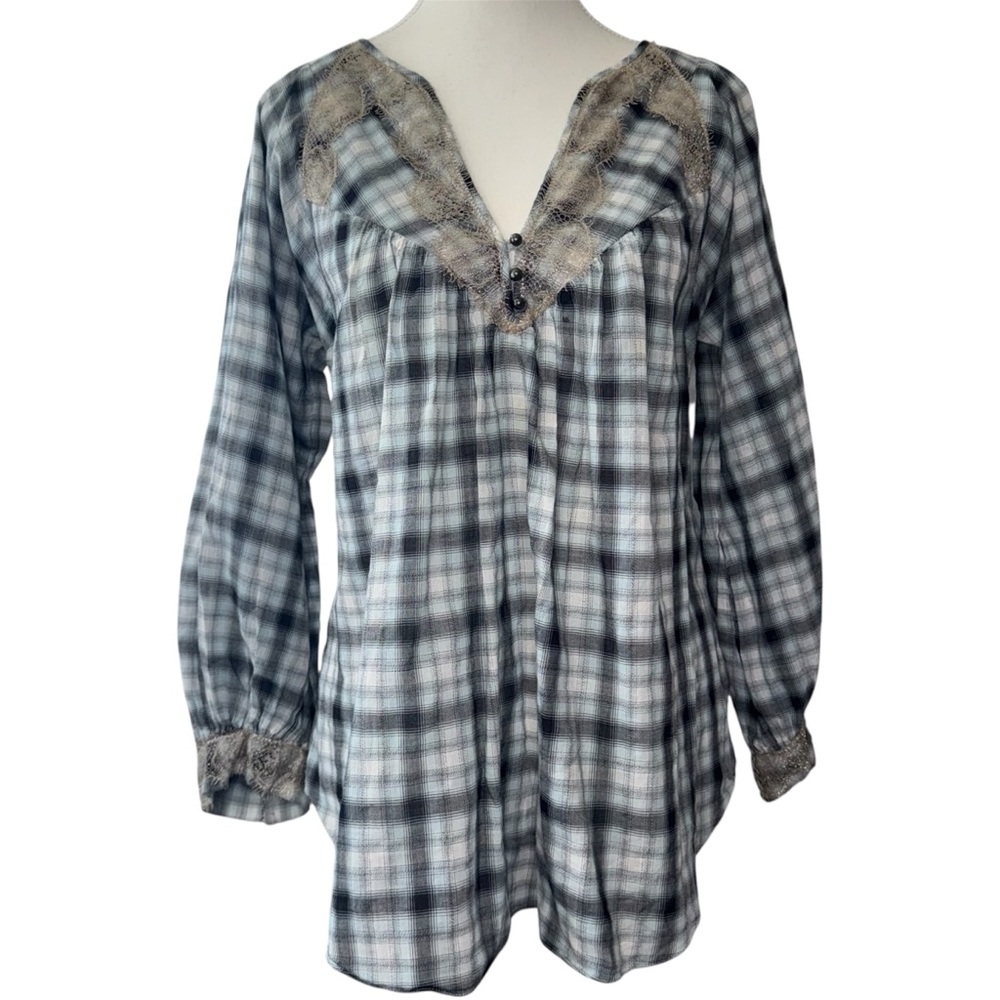 REBECCA TAYLOR Gray and White Plaid Lace-Trim Tunic